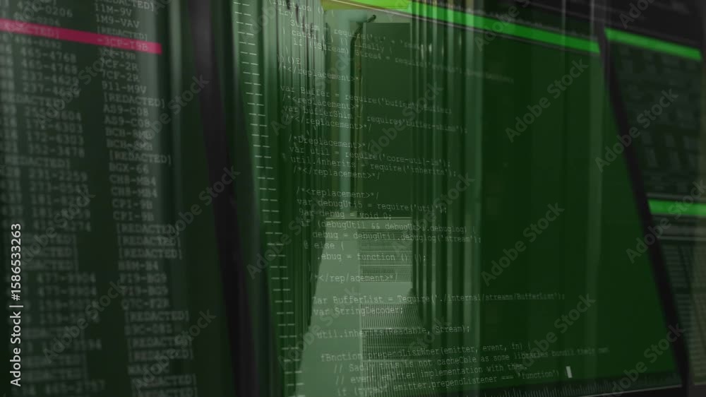 Poster green hud panel sweeping over server corridor, scrolling code expanding security scan visualization