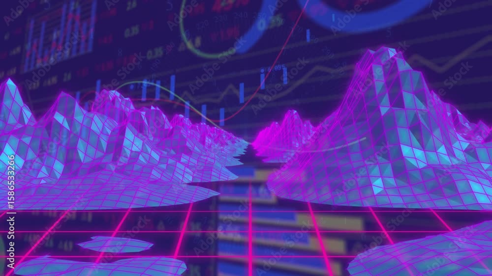 Aufkleber camera gliding forward through neon wireframe peaks and grid floor, visualizing market data