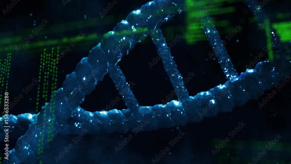 Poster faint particles initiating glowing blue dna helix emerging rotating and forming green code stream