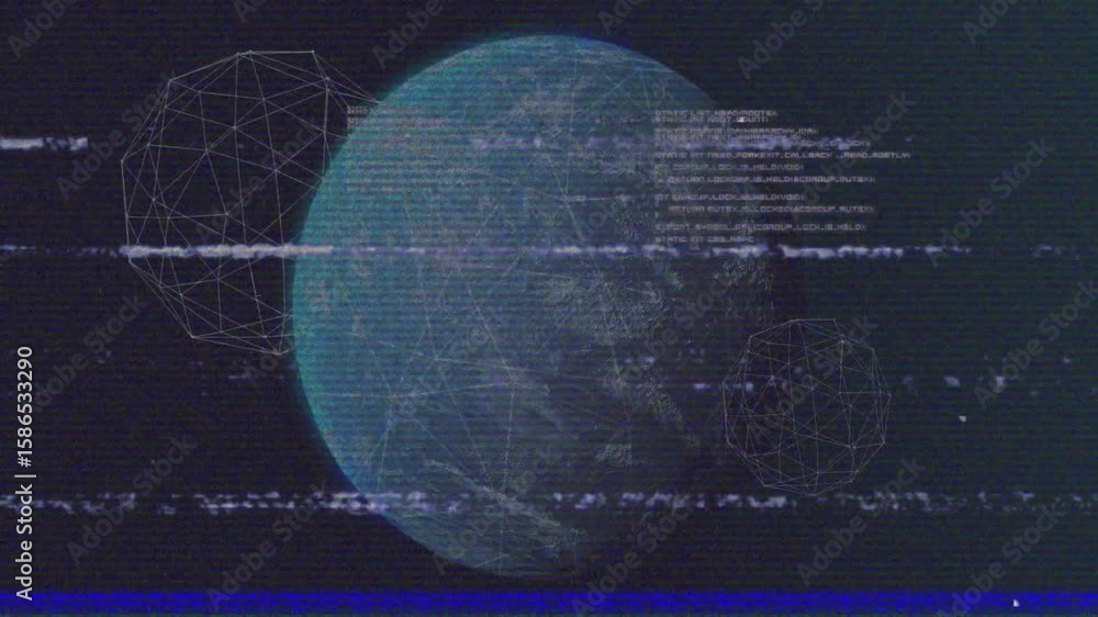 Poster starting starfield framing orb rotating, glitch flickering across polyhedron and code clustering