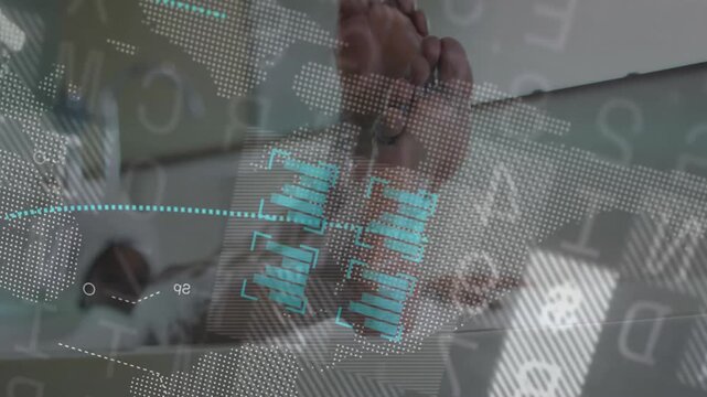 Patient lying on exam bed initiating foot scan for medical research, data HUD adjusting around feet