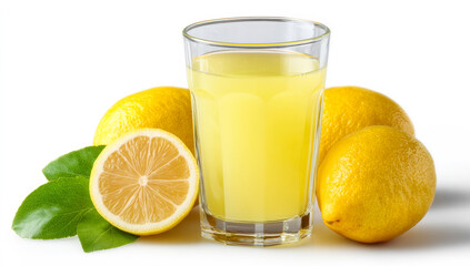 Refreshing lemon juice with fresh lemons. A glass of bright yellow lemon juice surrounded by fresh lemons and green leaves on a white background.