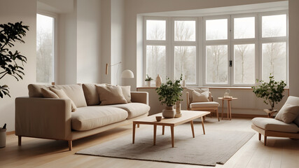 A living room with a couch, coffee table, and potted plants