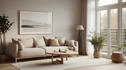 A living room with a white couch, a coffee table, and a potted plant