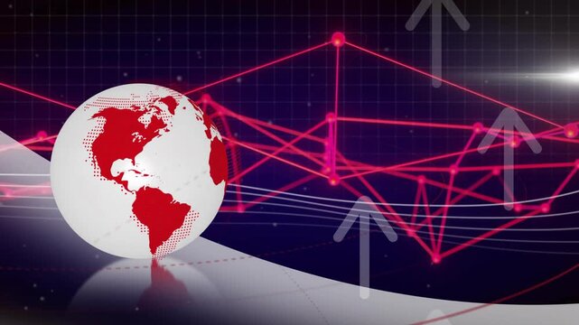 On load white globe rotating to Americas while pink network pulses and arrows showing upward trend