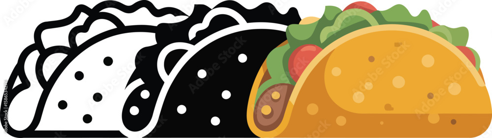 Poster three tacos in a row with different styles of representation on a light colored background illustrat