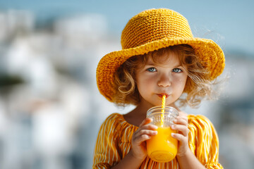 Girl sips drink outside. A young girl in a bright yellow hat sips an orange beverage while smiling against a sunny backdrop.