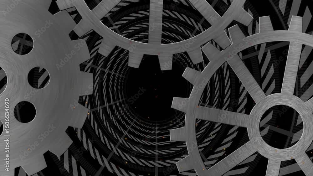 Poster upon start two metal gears counter rotating while tunnel rings shifting inward emphasizing depth