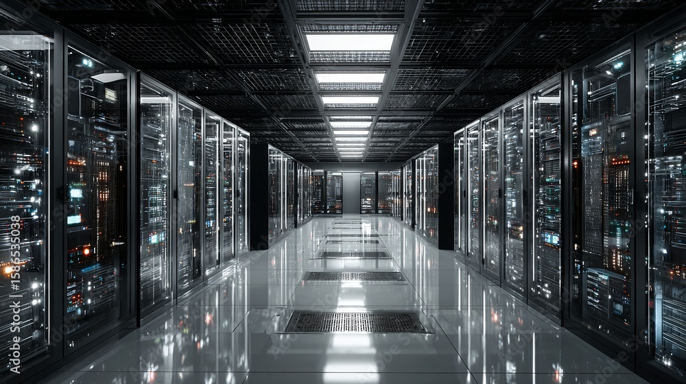 Poster an endless row of illuminated server racks in data center creating a futuristic and technological sc