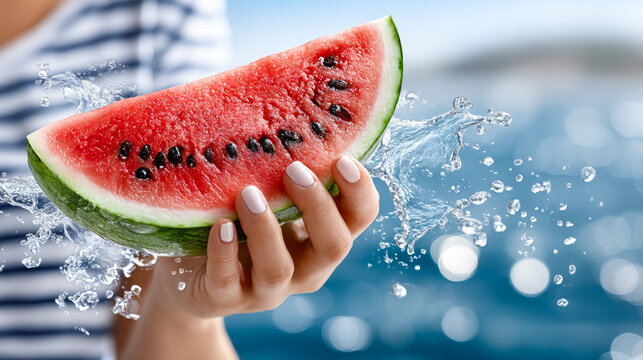 Enjoying juicy watermelon by the sea. A person holds a slice of watermelon over sparkling sea water on a sunny day, adding refreshment to summer fun.