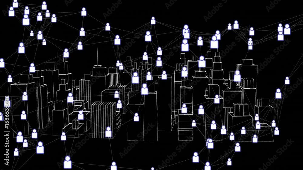 Poster opening on black, wireframe city appearing as nodes linking into network for data visualization