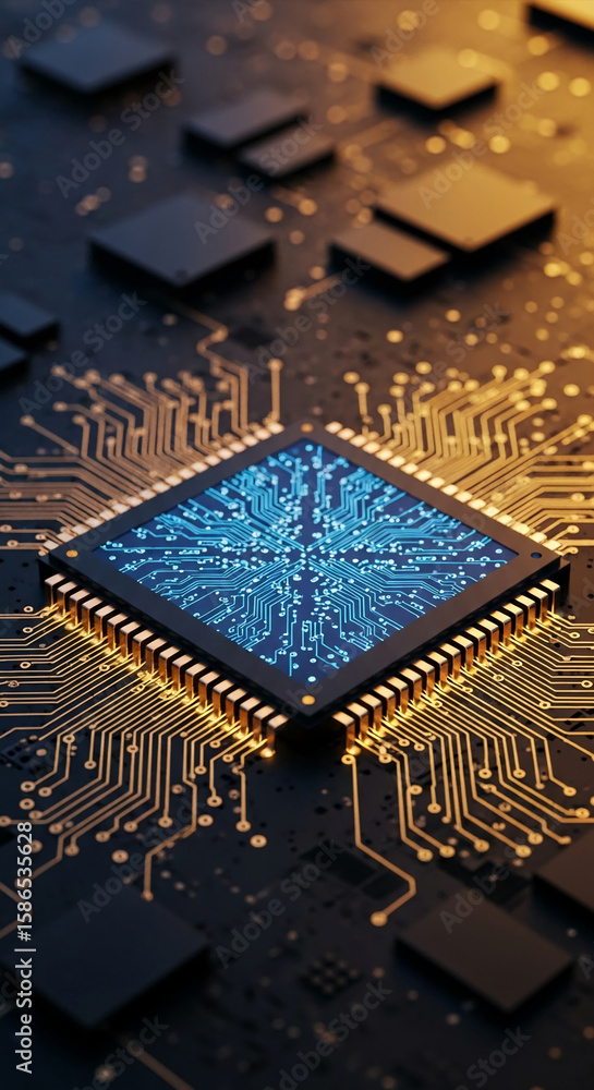 Poster close-up of a microprocessor on a circuit board, showcasing intricate golden circuitry and glowing b