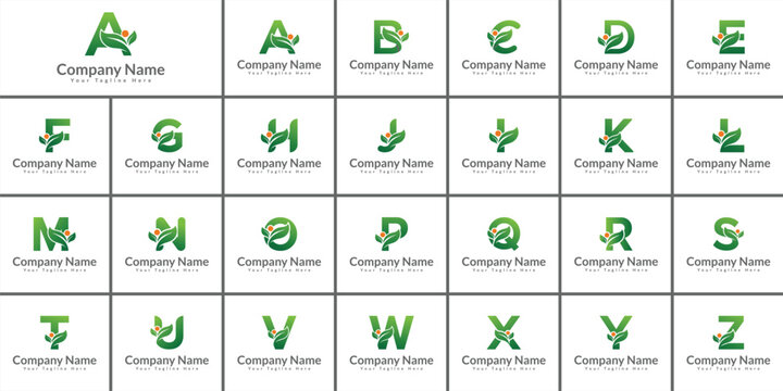 Collection of green alphabet letter logos with leaf and orange dot accents for eco friendly businesses