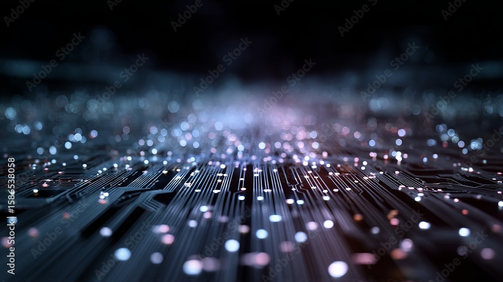 Poster abstract digital landscape reveals circuit board technology illuminating intricate connections with 