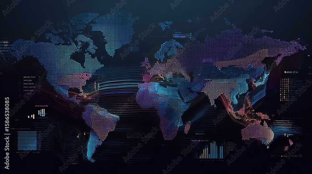 Poster digital world map with data streams symbolizing global interconnectedness in a futuristic and contem