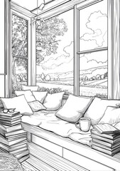 Cozy window seat with books and view
