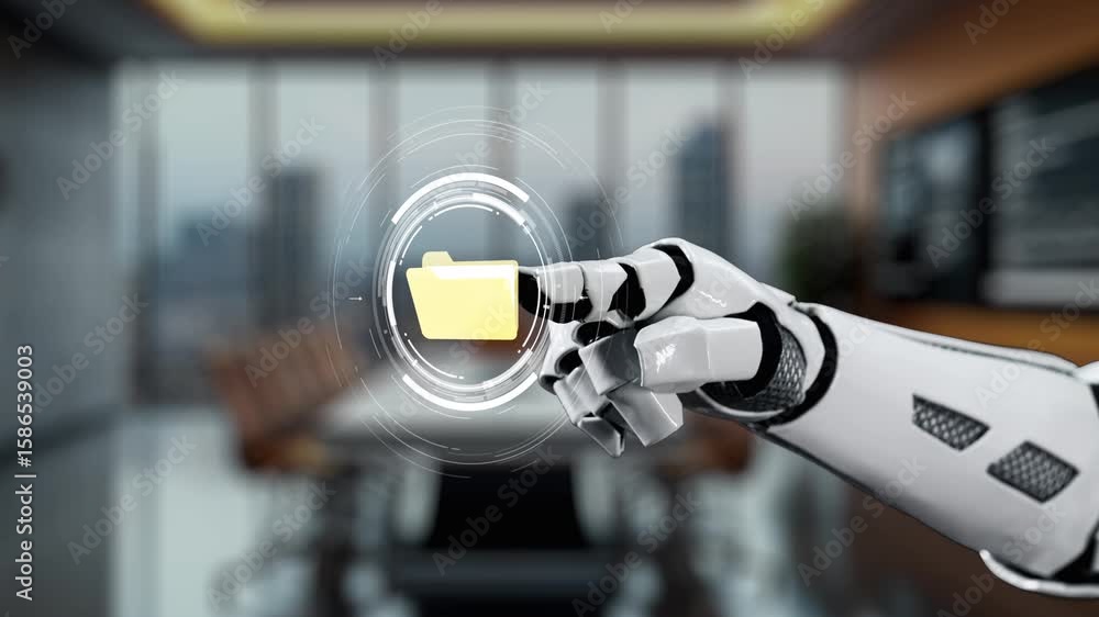 Poster a robotic hand engages with digital folder icons in a sleek office, representing the integration of 