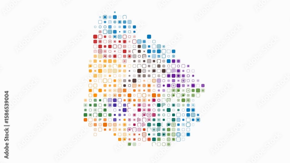 Poster uruguay dotted animation. shape of the country build of pulsating colored dots. large size rounded s
