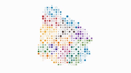 Uruguay dotted animation. Shape of the country build of pulsating colored dots. Large size rounded square blocks. Digital style map on white background. Creative video.