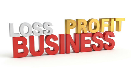 3d letters spelling business, profit, and loss isolated on white background