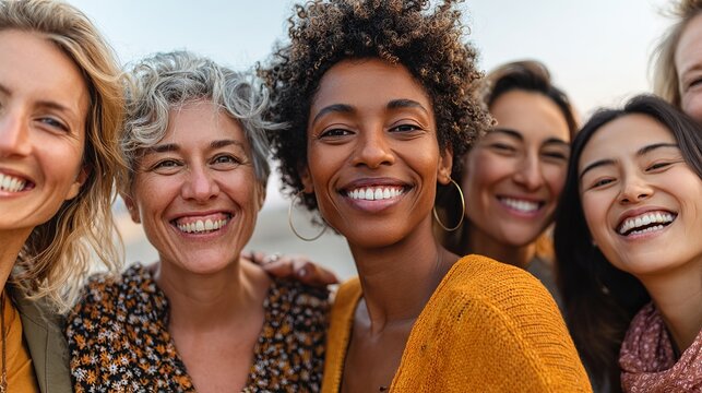 Diverse group of women embracing joy and connection through warm smiles, radiating empowerment and positive friendship vibes together.