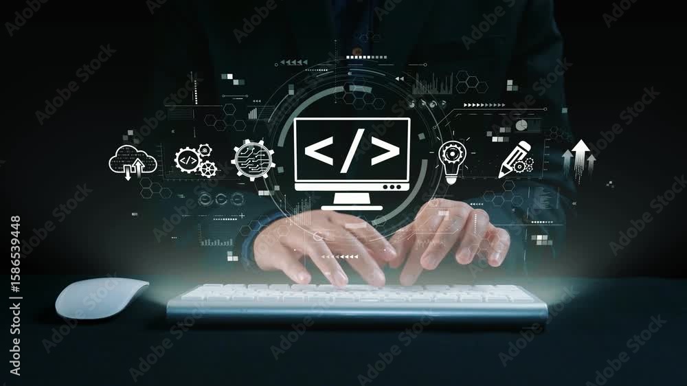 Fototapete modern web development concept featuring coding symbols, web development process, web development in
