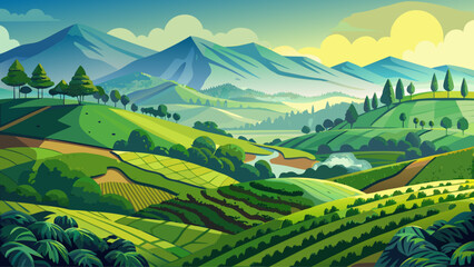Naklejka premium Nuwara Eliya, Central Province, Sri Lanka – Rolling green hills of tea plantations shimmer under morning mist. , great for vibrant vector storytelling.