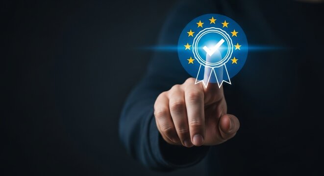 A finger touches a digital quality assurance badge, symbolizing excellence and adherence to european standards