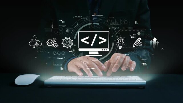 Modern web development concept featuring coding symbols, web development process, web development interface, and web development tools with futuristic design. Elide