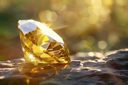 Large yellow diamond shining on a rock in bright sunlight, reflecting the golden light