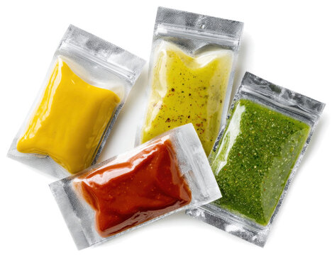 Condiment Sachets Set, Ketchup, Mustard, and Sauce Packets PNG Cutouts