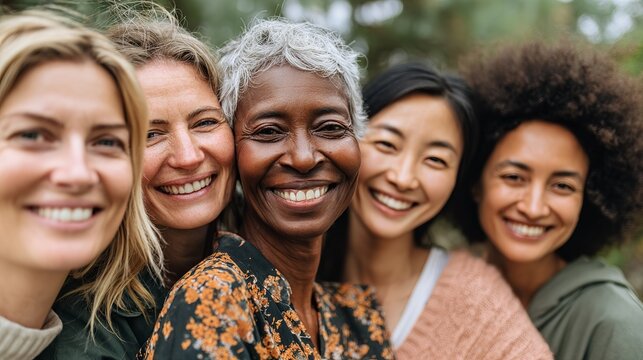 Diverse group of five women smiling together, showcasing multi-ethnic friendship, confidence, and natural beauty in an outdoor setting.