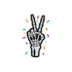 Skeleton Hand Making a Peace Sign with Colorful Confetti Background