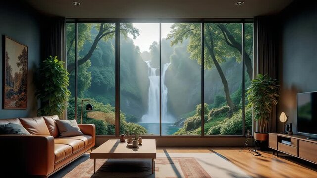 Modern living room with beautiful view to waterfall and forest