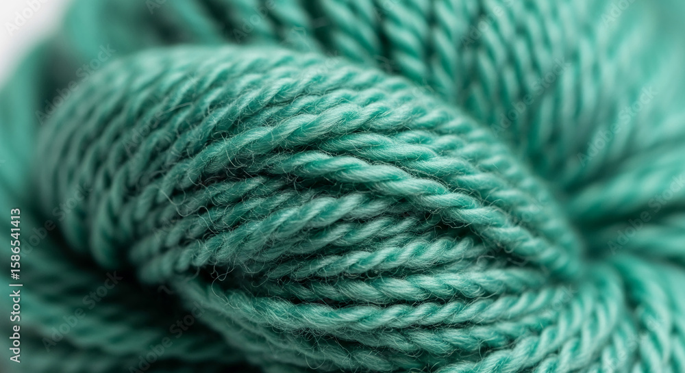 Poster close-up of teal yarn texture, showing twisted fibers, creating a soft and dense appearance, ideal f