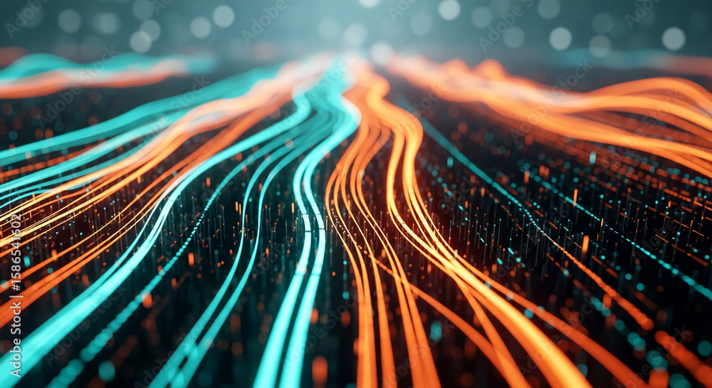 Poster abstract image of flowing orange and teal lines on dark background, creating a dynamic and technolog