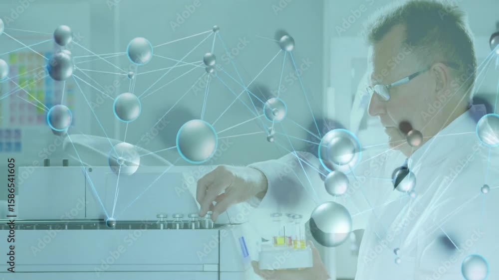 Poster senior scientist loading yellow tubes into analyzer for health testing while molecular net drifting