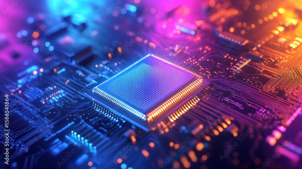 Wall mural intricate illuminated circuit board with prominent square central processor chip