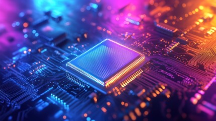 Obraz premium Intricate illuminated circuit board with prominent square central processor chip