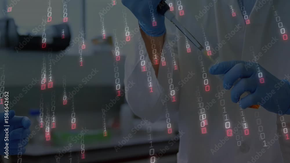 Aufkleber scientist passing vial attaching tip and aspirating orange sample for analysis with binary overlay