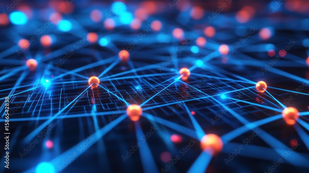 Wall mural abstract network of orange nodes connected by glowing blue lines, with soft bokeh