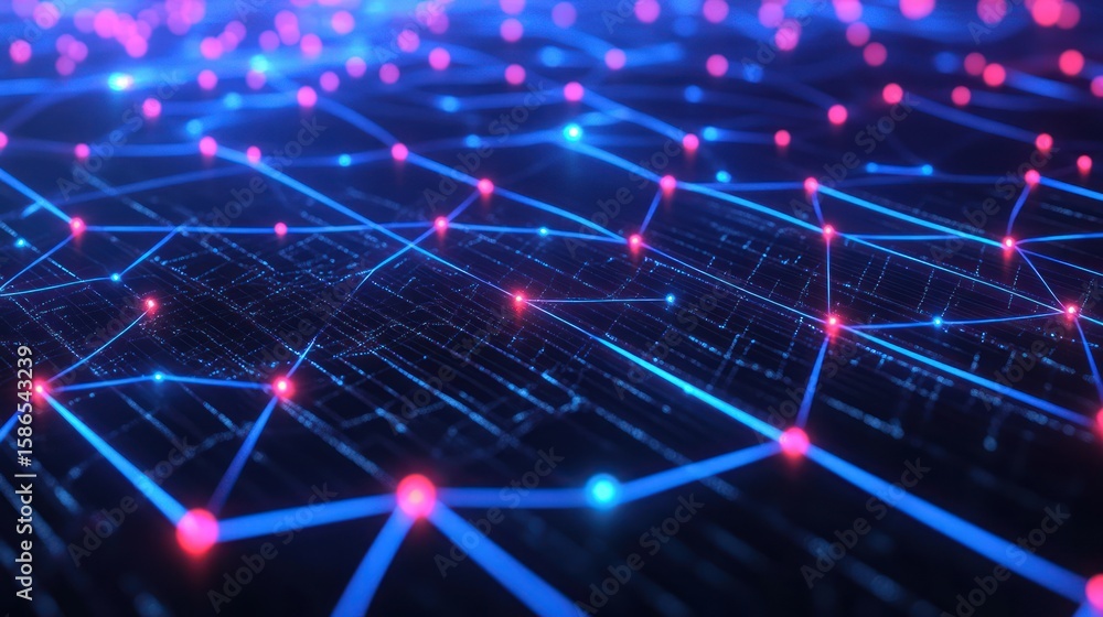 Wall mural abstract glowing network with blue lines and red nodes over a dark background