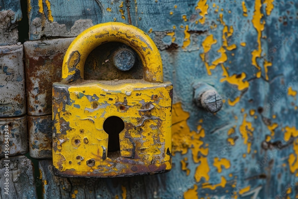 Poster close up of a rusty yellow padlock attached to a weathered blue door, emphasizing security and the p