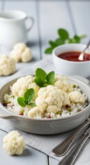 Steamed Cauliflower with Rice and Cranberries on a Rustic Table