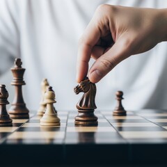 Hand Moving Knight Chess Piece on Board