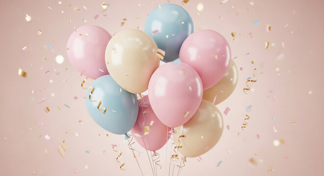 Pastel-colored balloons and gold confetti float against a soft pink background, symbolizing celebration, joy, and festivity, perfect for party invitations or celebratory designs - Powered by Adobe