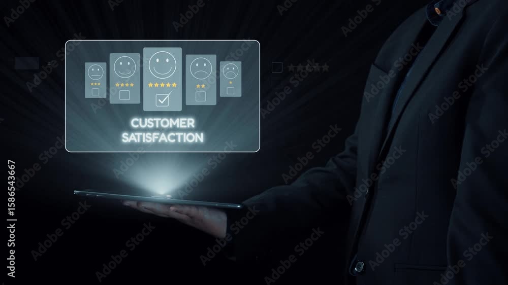 Poster a professional displays a tablet showcasing an interactive digital interface with customer satisfact