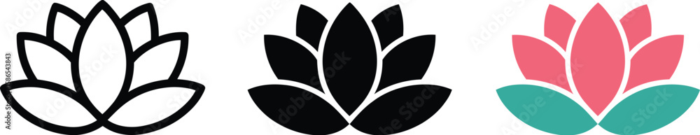 Poster three lotus flower icons in different styles on a light blue background shown in a horizontal line