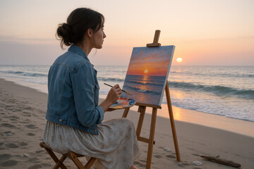 Female artist painting stunning sunset on canvas at beach