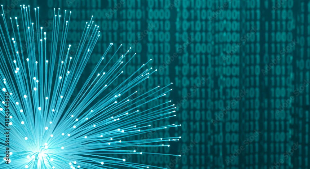 Poster teal fiber optic strands radiate, set against a blurred background of binary code, symbolizing digit